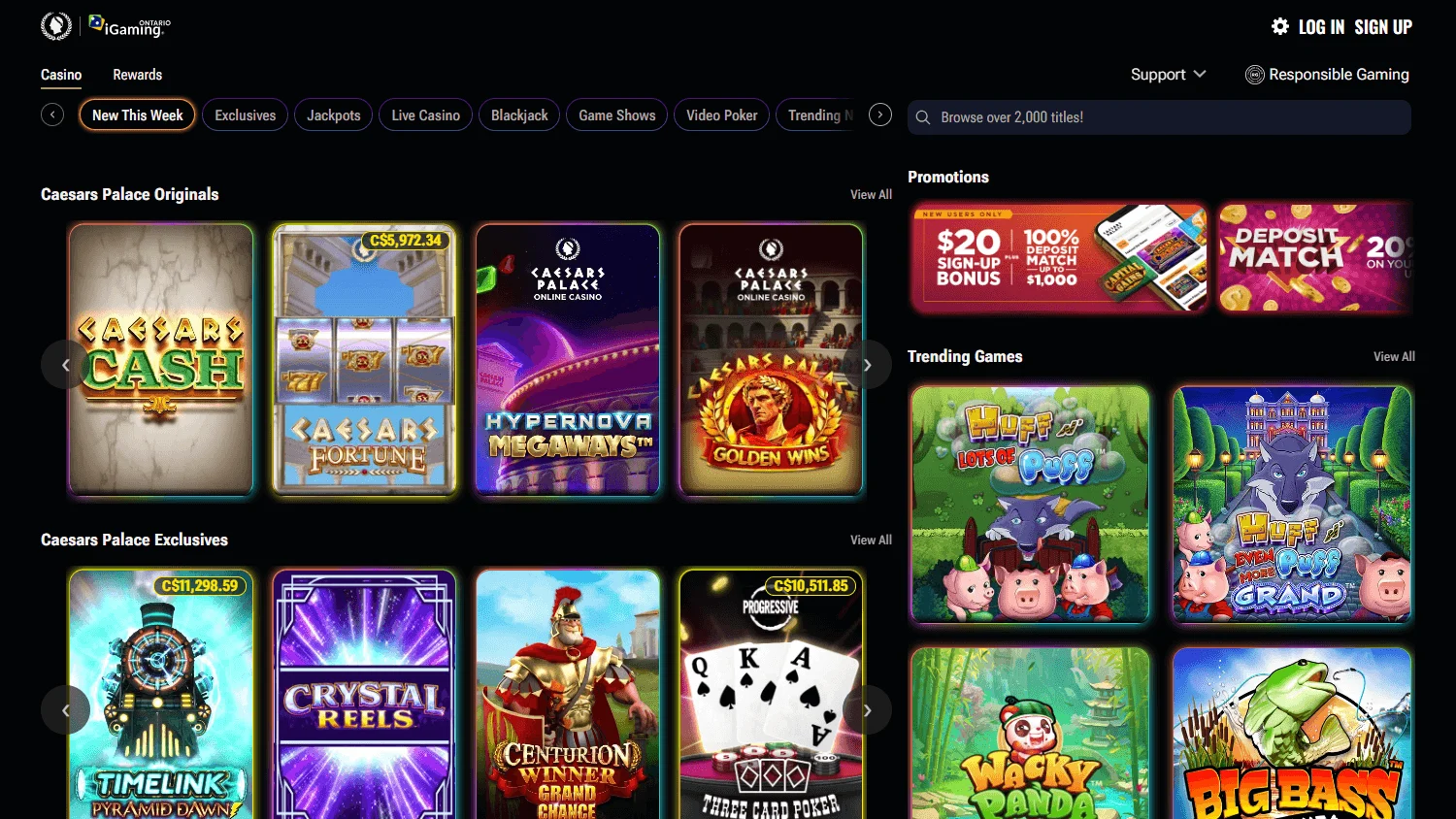 Caesars Casino desktop games lobby with pokies, table games and live casino options