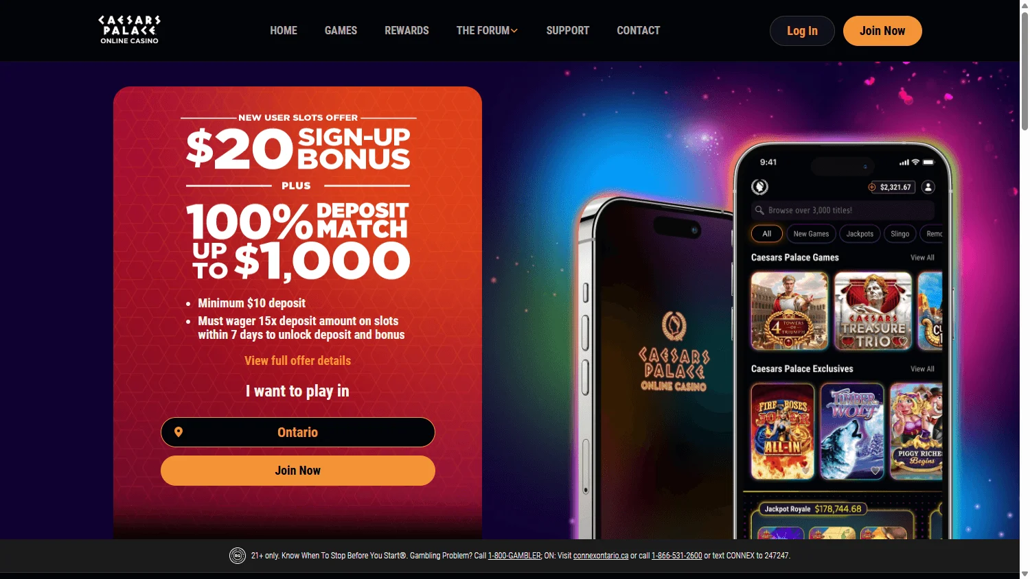 Caesars Casino desktop home with casino offers and online play options