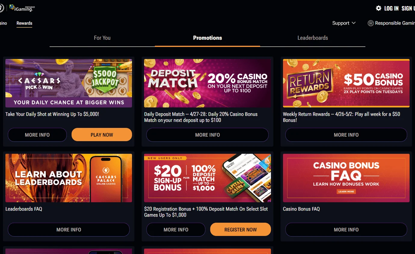 Caesars Casino desktop promotions area with welcome offer and promotional campaigns