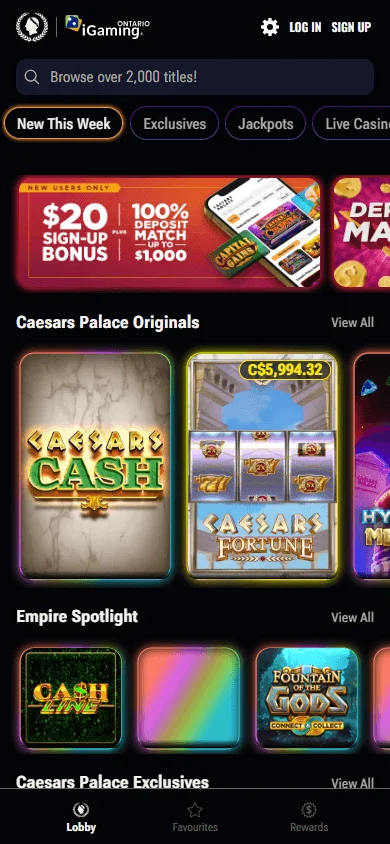 Caesars Casino mobile games lobby with casino and live dealer categories