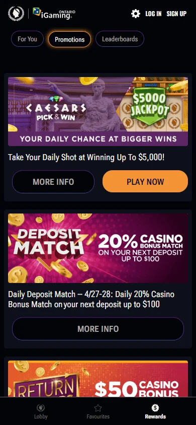 Caesars Casino mobile promotions area with welcome bonus details